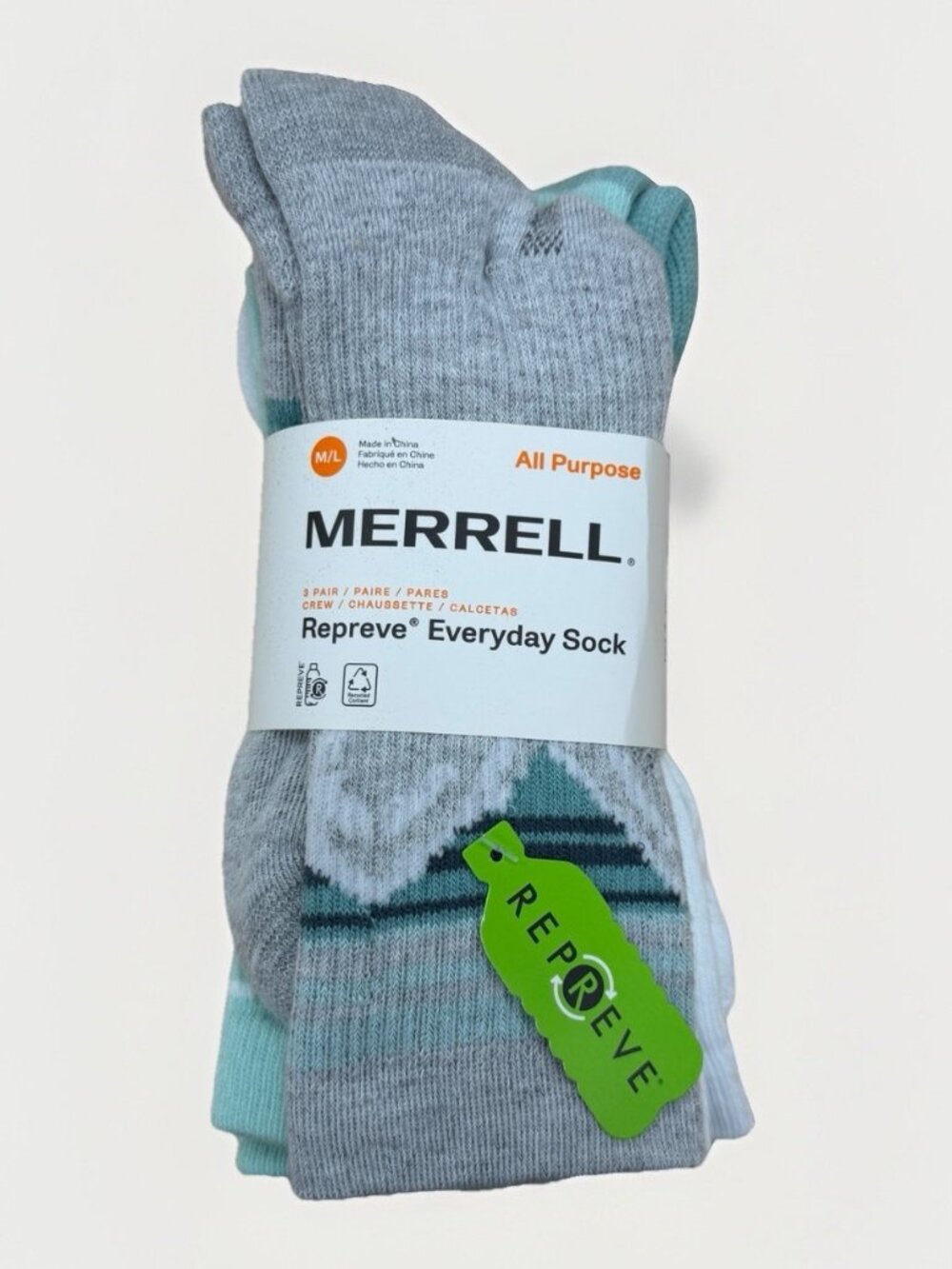 Merrell Women's Repreve Everyday Crew Socks size M/L 10-13 Blue/Mountains/White